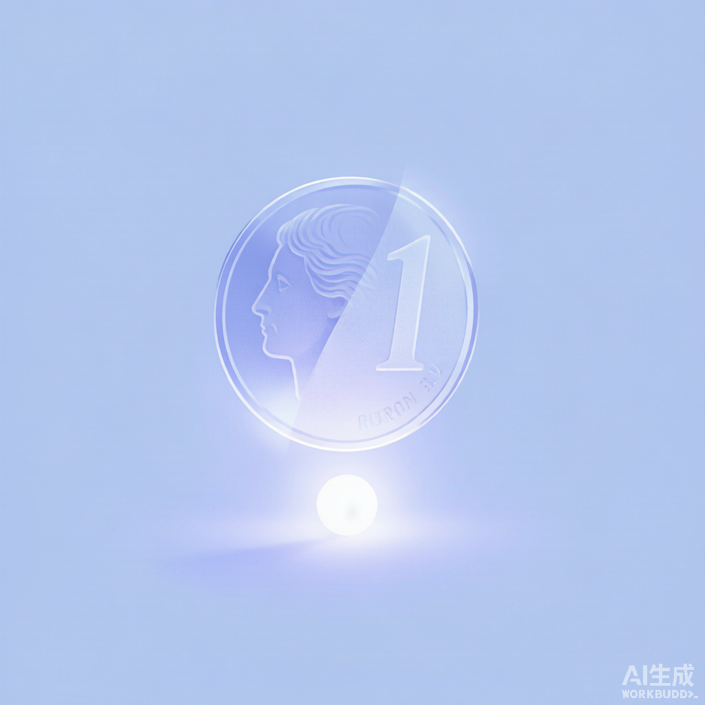 一枚旋转的硬币同时呈现正反面(半透明叠影),悬浮在一颗发光小球之上,呼应量子比特的叠加状态
