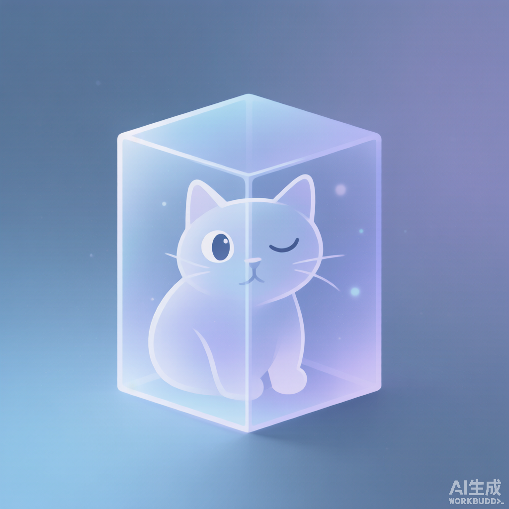 一只半透明的猫，既清醒又沉睡地同处于一个盒子里，象征叠加态